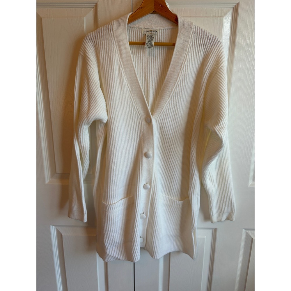 Yarnworks Womens White Ribbed Knit Longline Cardigan V-Neck Button Front Large